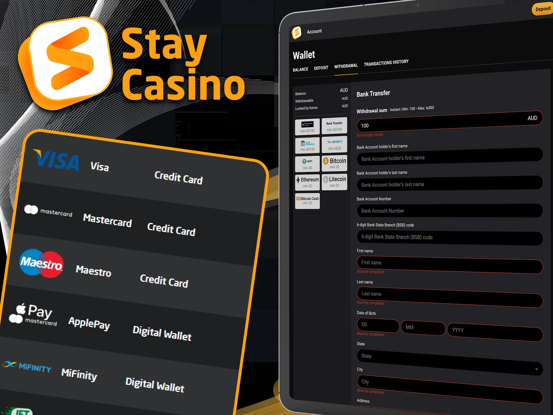 Payment and withdrawal methods at Stay Casino